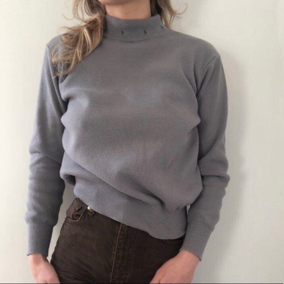 Greyish blue thick knit mock neck retro sweater - Picture 4 of 4